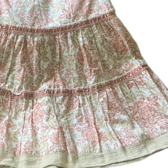 NWOT RARE Country Door A-Line Midi Skirt - Pink and Cream Floral W/Tiers &Burlap
